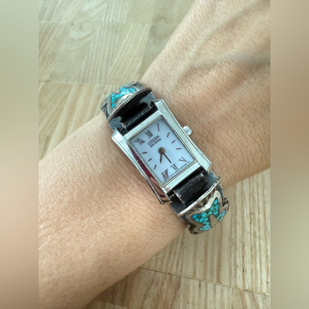 Southwestern Sterling silver turquoise watch cuff bracelet citizen eco drive